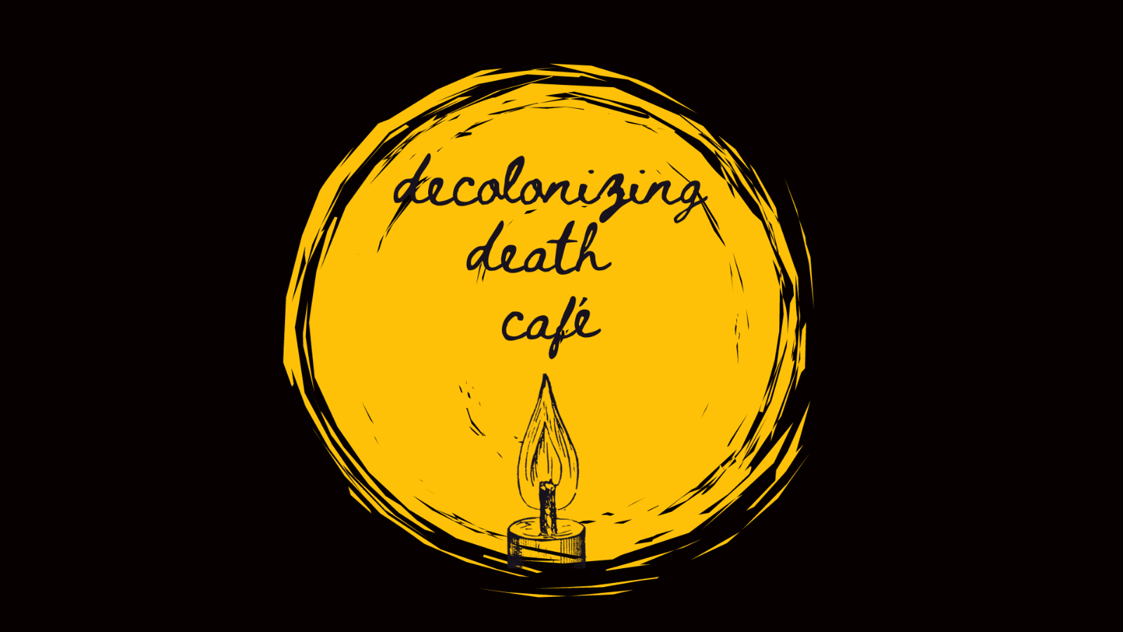 Logo of the Decolonizing Death Cafe featuring a sketch of a candle over a rough yellow circle