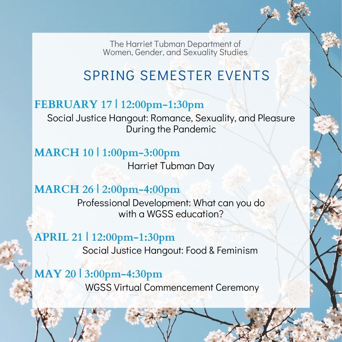 List of event dates on a blue background with cherry blossoms all information is accessible at the events page