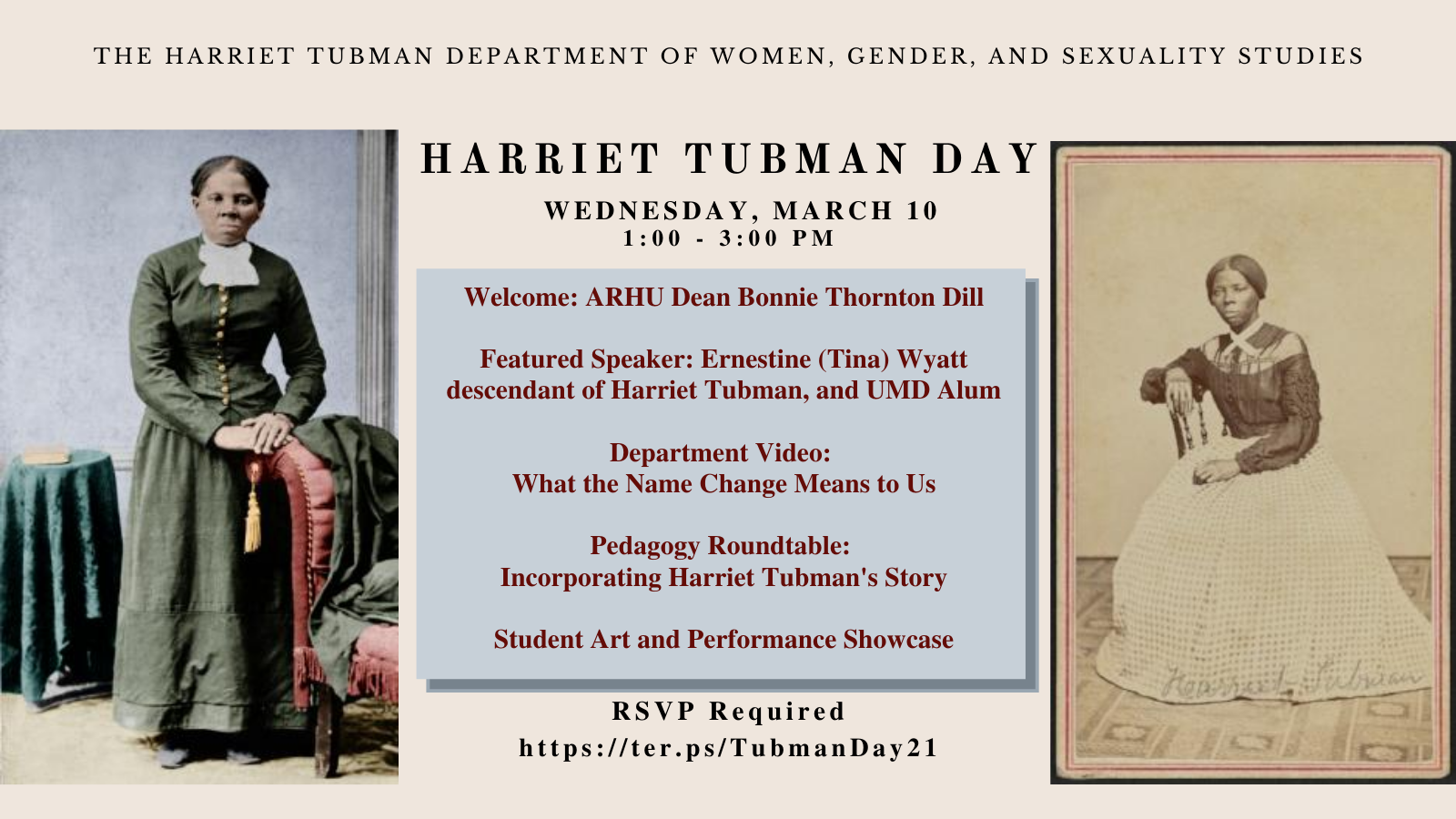 flyer for harriet tubman day with two photographs of her facing each other and text of event details in the middle