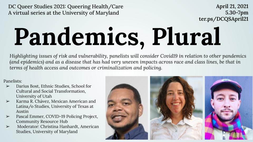 Flyer for Pandemics, Plural event with headshots of panelists