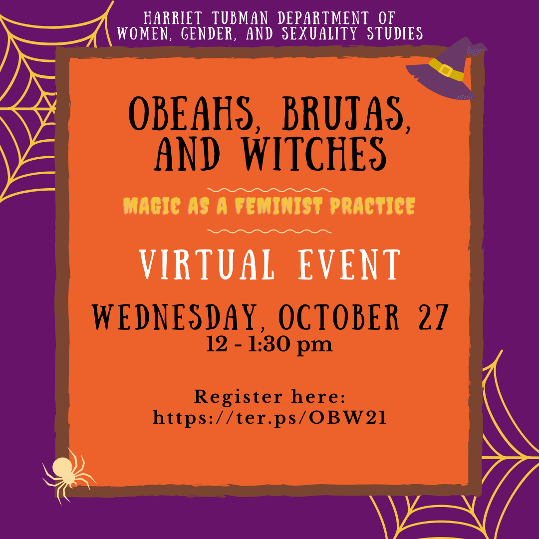 flyer with event text and colorful spiderwebs in alternate corners and a witches' hat