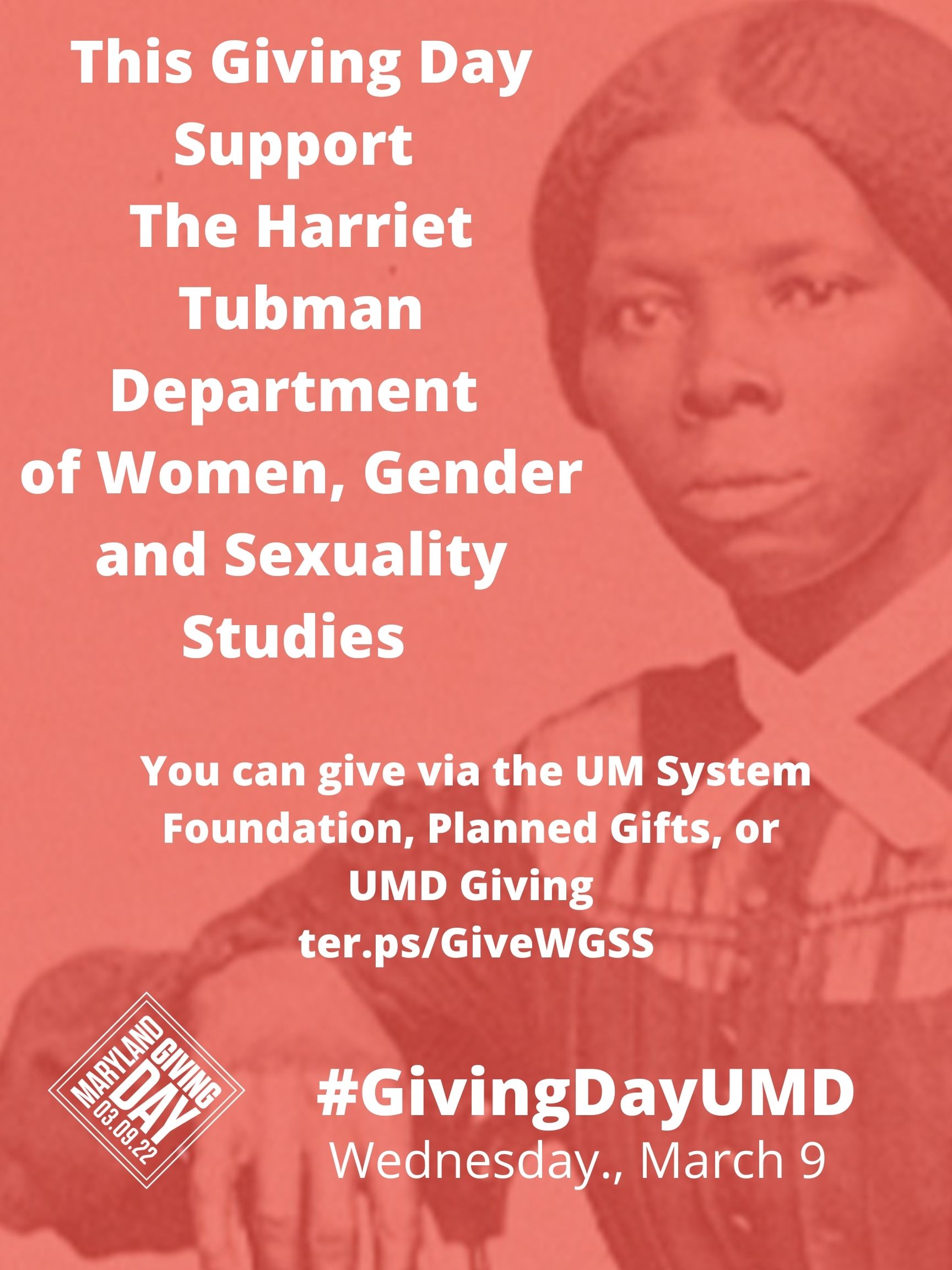 Red flyer with Giving day 2022 information and an image of Harriet Tubman looking face forward