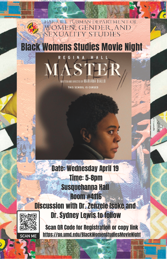 : Image of Master movie poster on an abstract background with description about  Black Women’s Studies Movie Night
