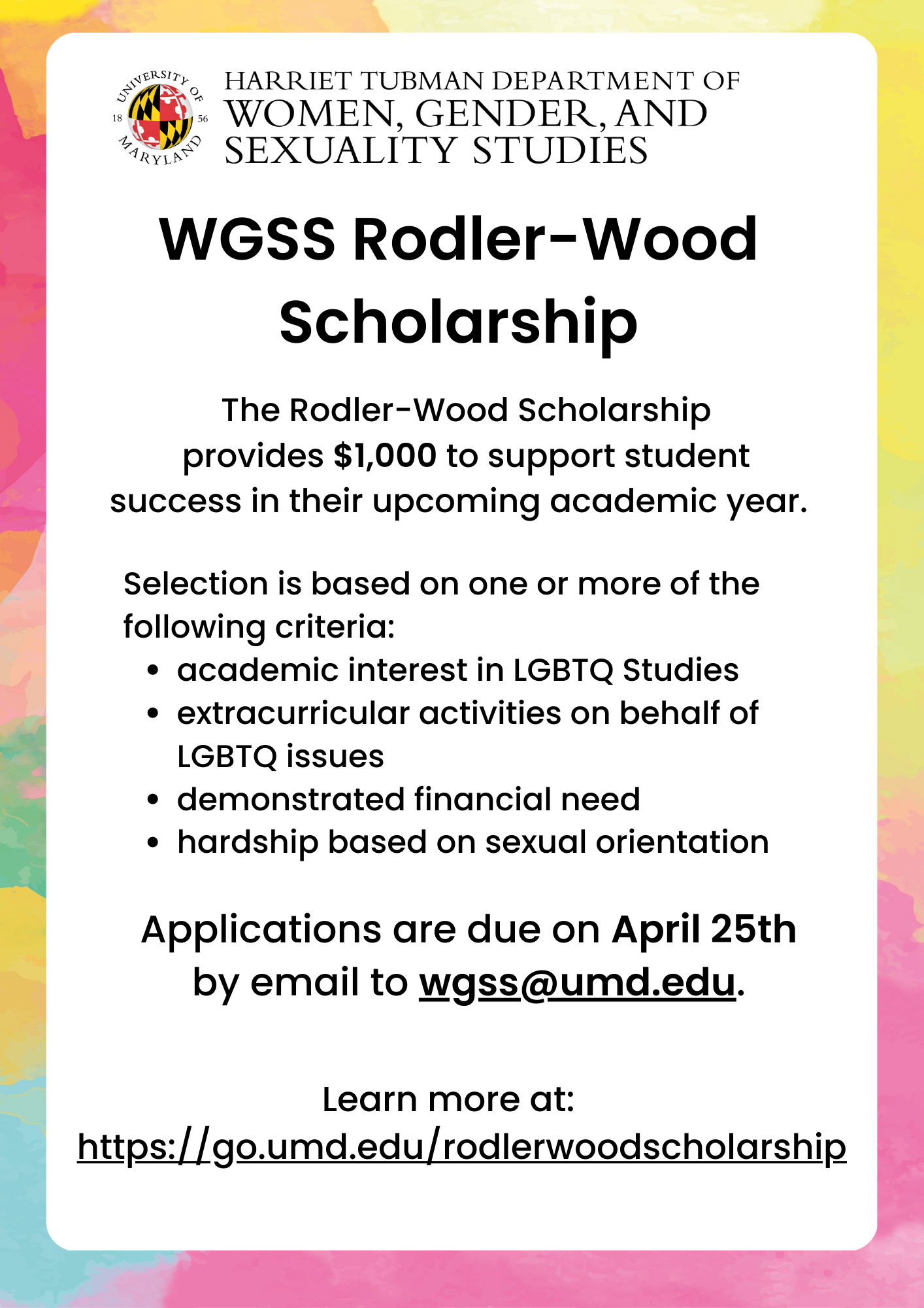 A pastel background with information on the 2023  Rodler-Wood Scholarship