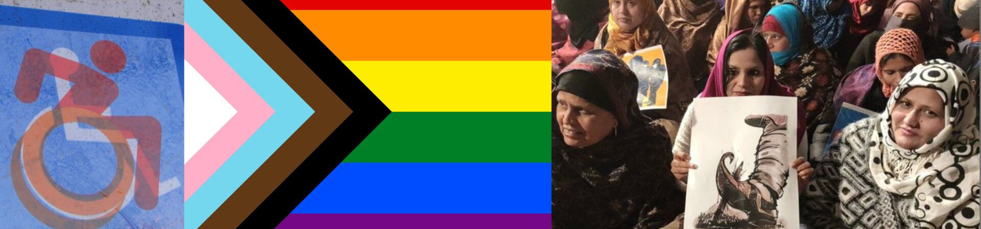 Image of Fall 2023 classes including the Pride flag, a person in a wheelchair symbol and activists