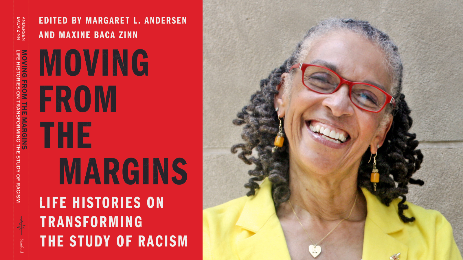 Bonnie Thornton Dill smiles next to an image of the new book Moving From the Margins: Life Histories On Transforming the Study of Racism