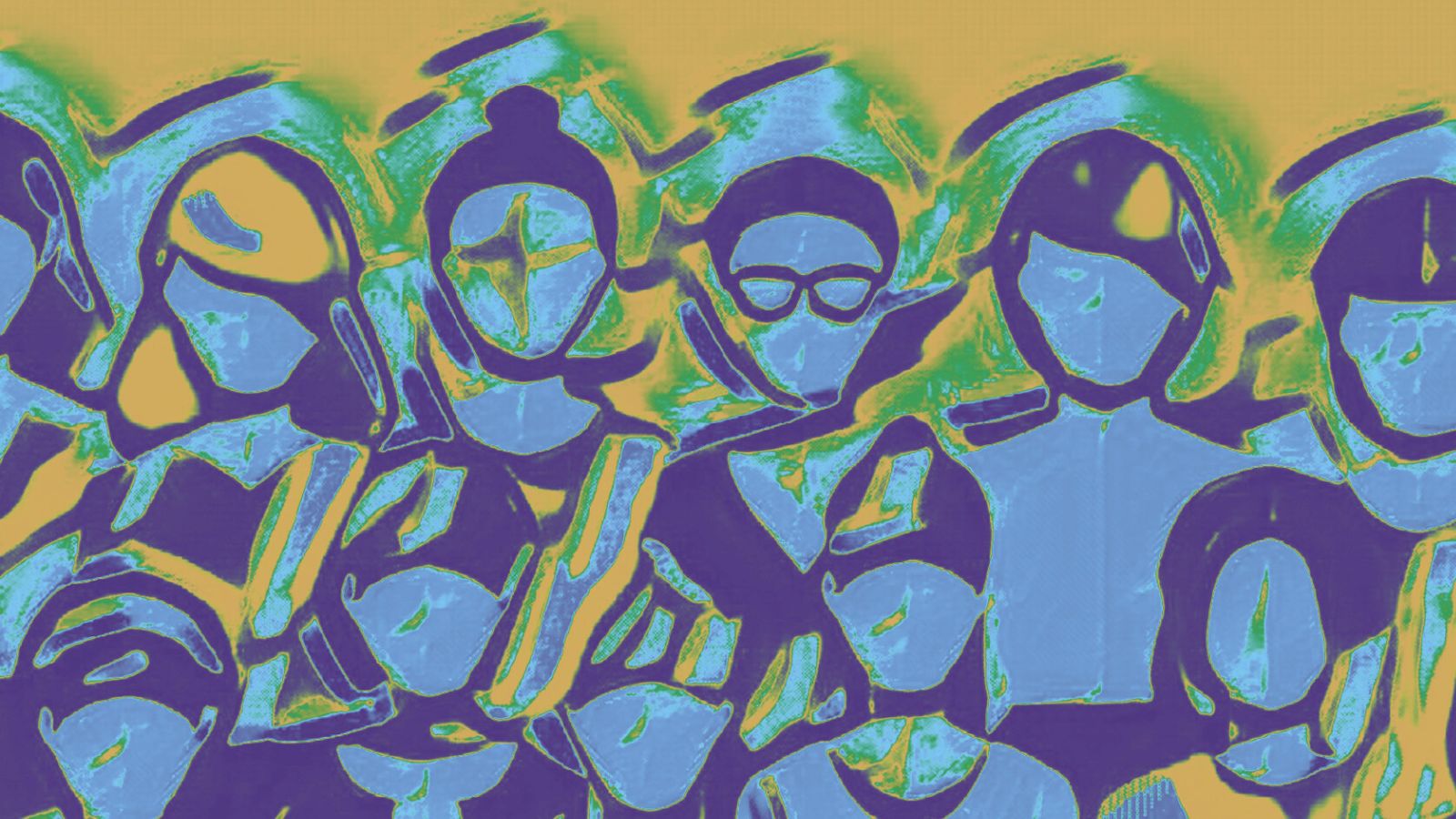 A crowd of blue people on a yellow background