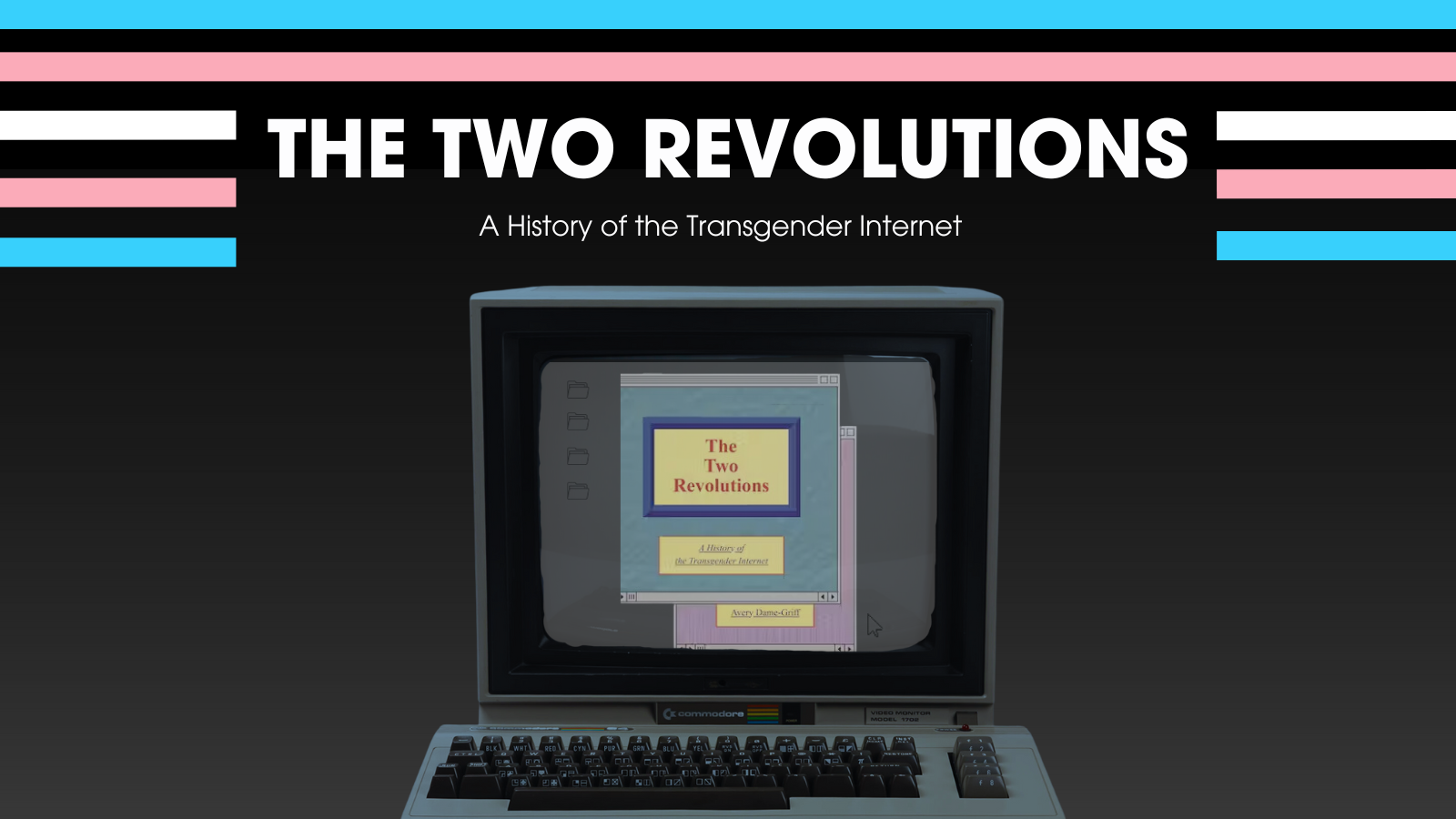 An 80s computer displays the cover of Avery Dame Griff's Book The Two Revolutions