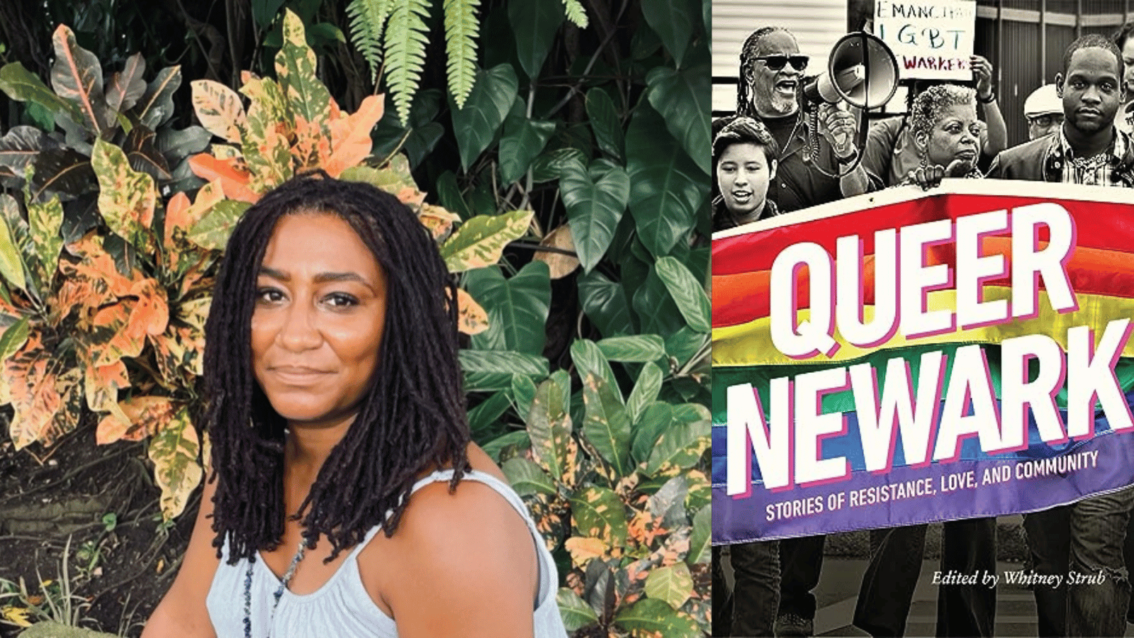 Zenzele Isoke poses in front of green and orange foliage next to an image of the cover of Queer Newark