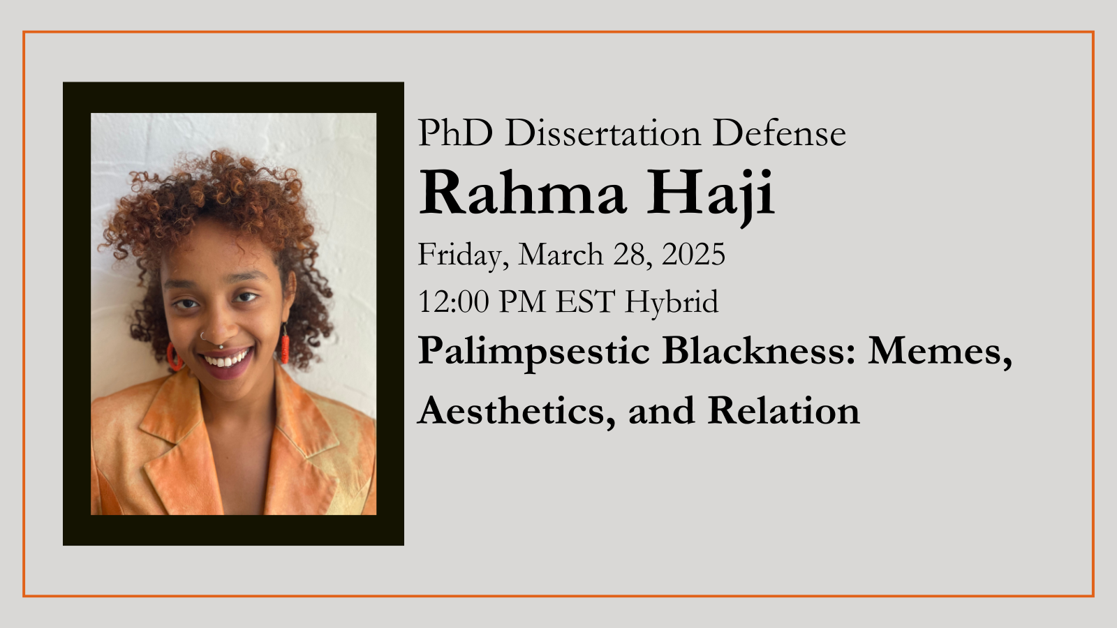 An portrait photograph of Rahma Haji beside white words on a light background which lists the event date and time and the titale of the dissertation