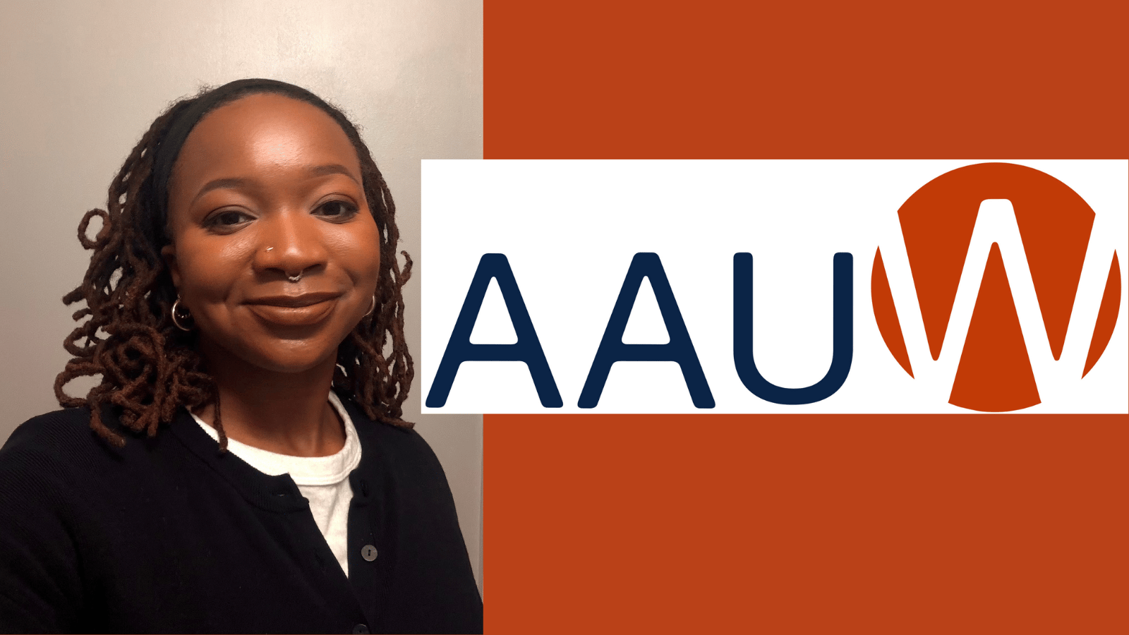 A headshot of Montia Daniels, a Black woman with dreadlocks, next to an image of the AAUW logo