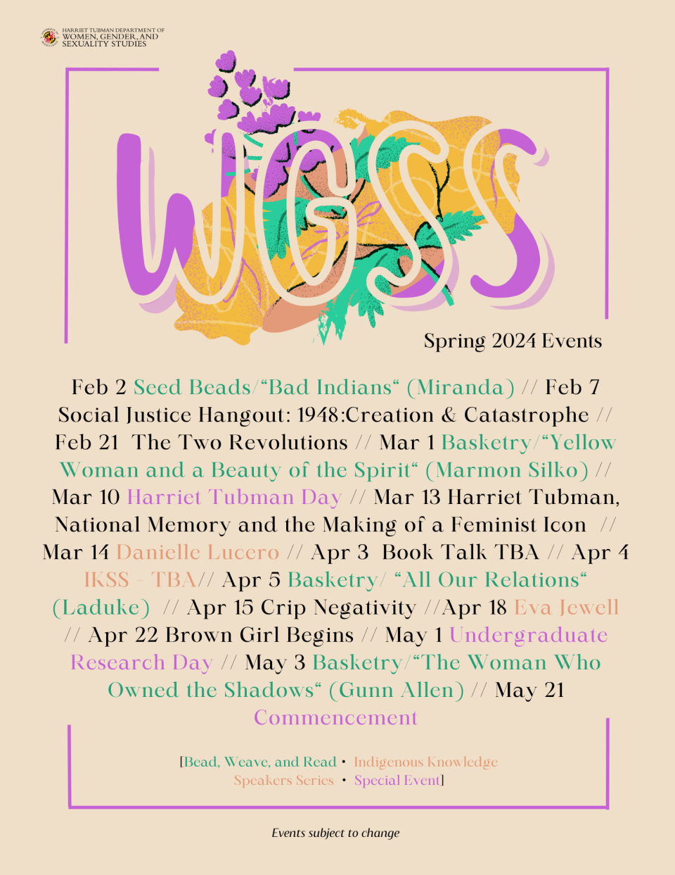 A list of upcoming events beneath a decorative image of the WGSS acronym