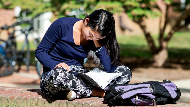 A female students sits on the ground reading in the sun