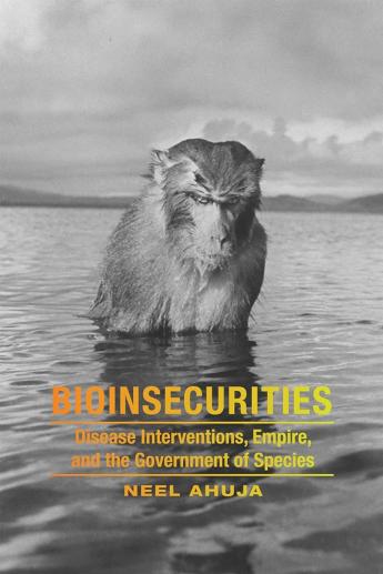 A monkey stands in a vast body of water above the title Bioinsecurities