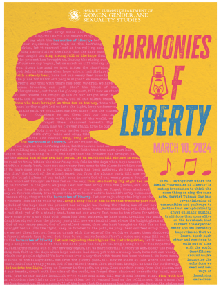 Pink silhouette of Harriet Tubman filled with the lyrics of "Lift Every Voice and Sing" adorns the poster for Harmonies of Liberty
