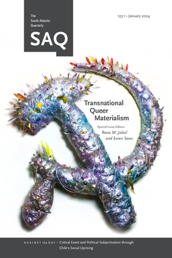 A silver hammer and sickle decorated with colorful lights and crystals and the title "Transnational Queer Materialism"