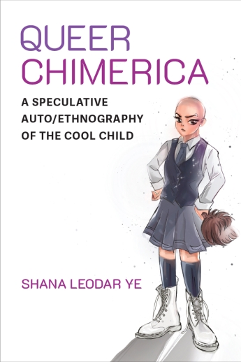 The cover of Shana Leodar Ye's Queer Chimerica. Bald character in a school uniform on a white background. 