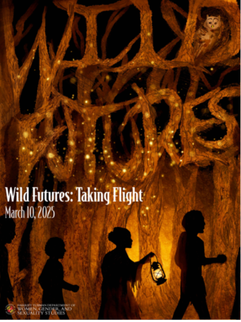 White writing on a dark brown background. Silhouettes of enslaved individuals can be seen moving through a dimly lit forest. Above them, the branches of the trees spell out "Wild Futures" and an owl tucked into the curve of the letter "D" watches them pass.